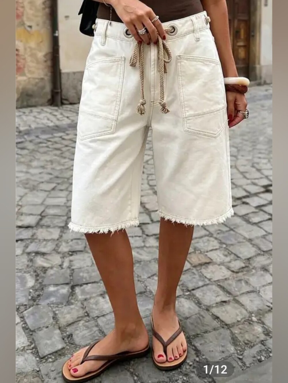Flamingals Raw Hem Patch Pocket Eyelet Drawstring Mid Rise Bermuda Shorts NWT